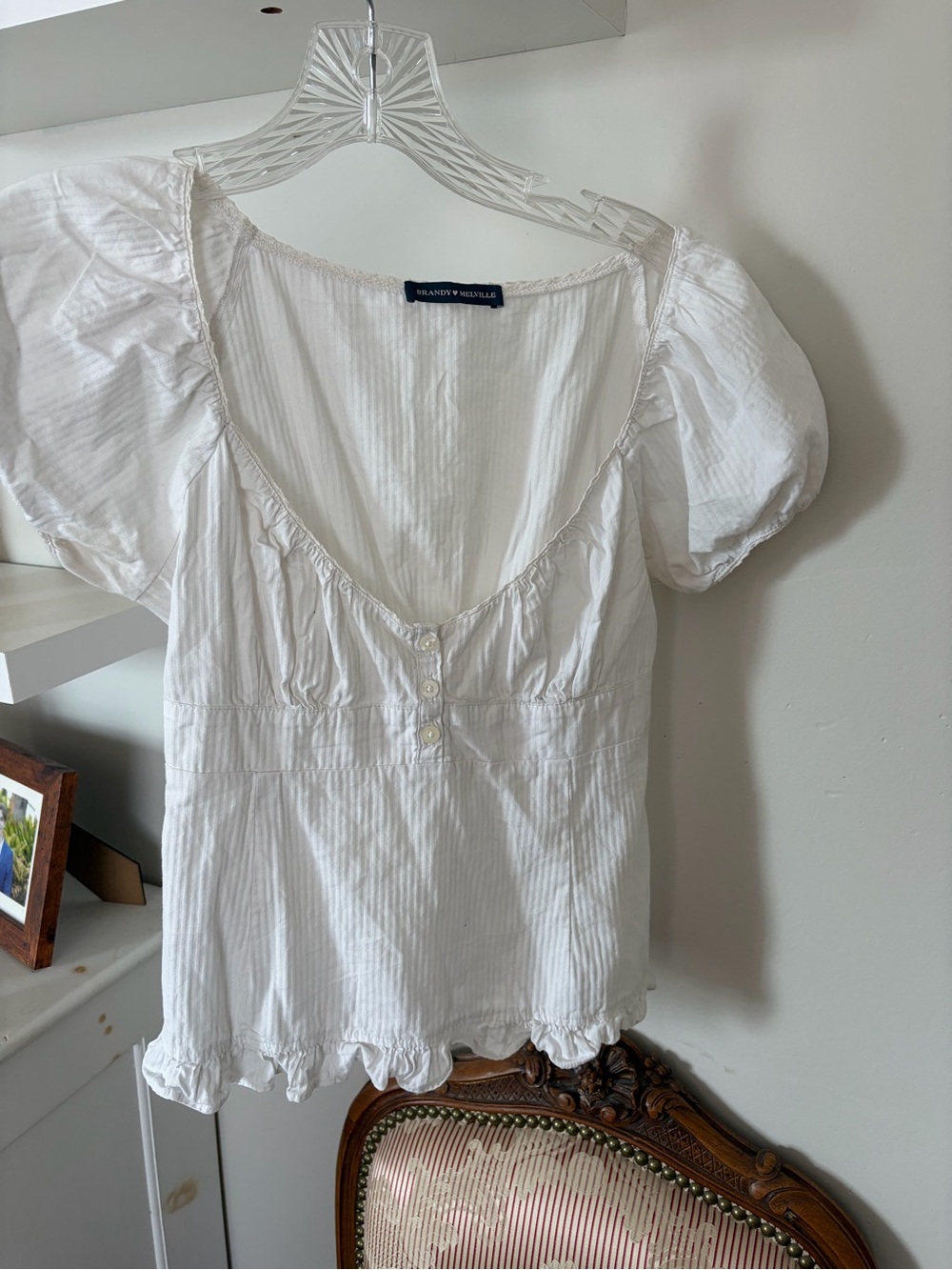 Brandy Melville White Puff Sleeve Ruffle Henley Top